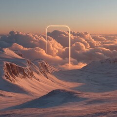 Snowy mountains meet dreamy clouds, portal above