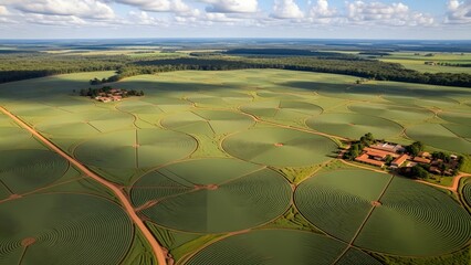 An aerial view showcasing a vast farmland landscape with circular patterns created by irrigation systems