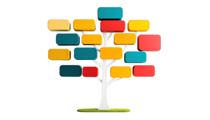 Colorful, stylized tree diagram with rounded rectangles as leaves on black background