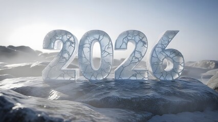 Frozen Future: 2026 Year Sign Crafted from Cracked Ice on a Winter Landscape.