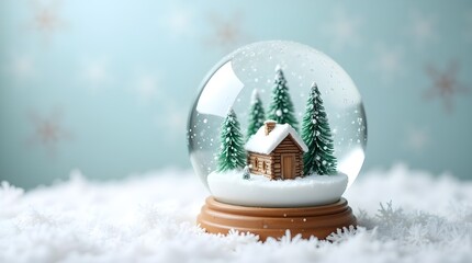 Cozy snow globe with wooden cabin and pine trees