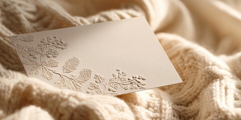 a blank card mockup with a subtle embossed winter berry pattern, resting on a soft, cream-colored wool fabric