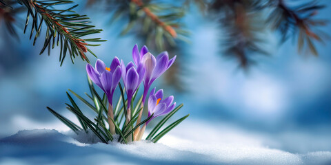 Purple crocuses blooming through white snow under pine branches, symbolizing the first signs of spring in a cold winter landscape