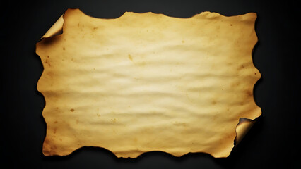 Antique vintage parchment paper with burnt edges and curled corners, old scroll background isolated on black for historical or mystery themes.