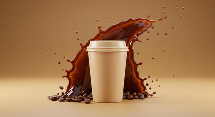Energetic splash of coffee bursting from a white paper cup, surrounded by scattered coffee beans on a warm beige background &mdash; bold, artistic, and dynamic coffee concept