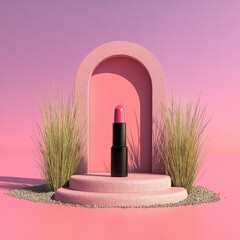 Pink lipstick on arch, grass & pebbles