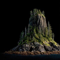 Forested rocky islet sharply contrasts a dark backdrop
