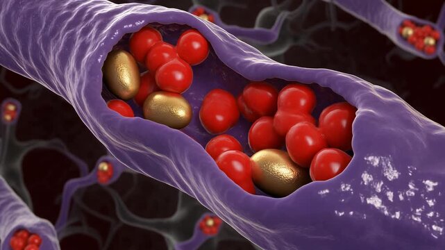 Close-up animation of alpha-synuclein interacting with a cell membrane and red blood cells