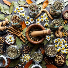 Natural herbal medicine flat lay with dried herbs, glass jars and mortar, promoting organic wellness and holistic healing.
