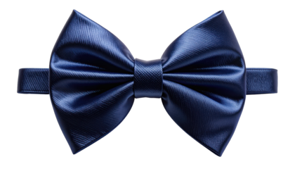 A close-up of a deep blue, silk bow tie with a lustrous sheen, set against black