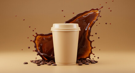 Dramatic splash of coffee erupting behind a white takeaway cup, with scattered beans on a warm beige background &mdash; bold, artistic, and energetic coffee concept for advertising or branding