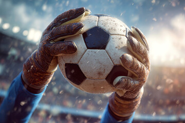 A goalkeeper catches a soccer ball in mid-air with both hands against a blurred stadium in sunshine, showing skill during a game moment