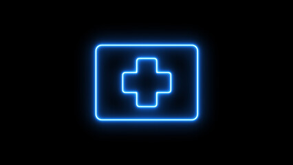 Obraz premium Blue neon cross symbol on dark background medical