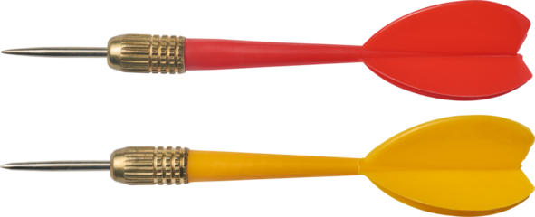red and yellow plastic darts isolated white background, textured gold-colored metal barrel and sharp steel tip, side view