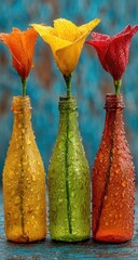 Three tulips in colorful bottles