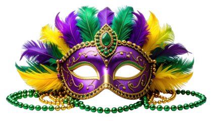Ornate purple mask adorned with feathers, gems, and beaded necklace