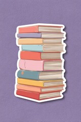 Colorful stacked books, white border, on a purple surface