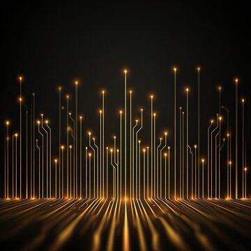 Golden circuits glow against a dark background