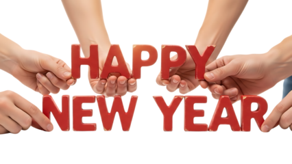 People Holding Decorative Red Letters Forming Happy New Year