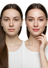 Young caucasian woman, long dark brown hair, dark brown eyes, pearl earrings, split natural vs. professional makeup, gentle smile, hand on neck, transparent studio background. Concept of subtle