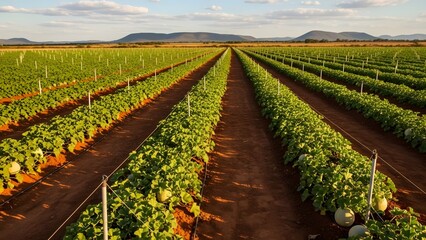 Rows of lush green crops extend towards the horizon under a clear blue sky, a vibrant agricultural scene