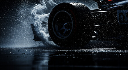 Dramatic close-up of a racing car tire splashing through water on a wet track at night &mdash; high-speed, intense, and cinematic motorsport action