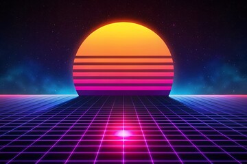 Vibrant neon sunset over futuristic grid landscape with starry night sky