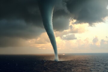 A tornado is forming over the ocean near a boat as clouds gather in the late afternoon sky