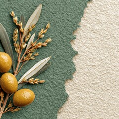 Olives, stem, and leaves on rough textured paper