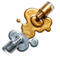 Sleek bottles overturned, spilling shimmering silver, gold, iridescent bronze polish on transparent studio backdrop, flat lay, macro, high-end beauty and nail care concept.