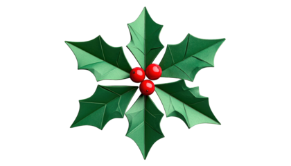 Geometric holly leaves with berries, crisp folds against a black background