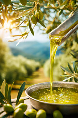 Fresh olive oil flows from a pressing machine into a gleaming bowl, showcasing the beauty of an olive grove under warm sunlight and mountain views