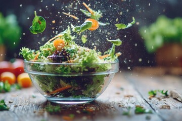 Lettuce, carrots, and herbs are mixed in a bowl while a chef prepares a colorful salad during meal prep in a bright kitchen