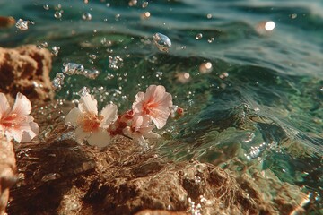 Flowers float on the rocks with splashing, clear turquoise water