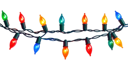 A festive string of colorful lights, arranged on a dark background, glowing