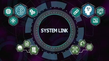 System link concept with circular digital interface and technology icons showing interconnected platforms, data exchange, and unified digital systems. - Powered by Adobe