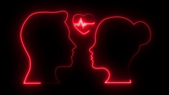 Glowing neon line man and woman symbols. Glowing neon romantic couple.  Dating and relationships concept love and black background. Valentine's day couple gifts and Love concept. HD video animation 