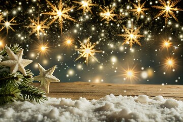 Magical Christmas scene with snow on wooden table and star ornaments