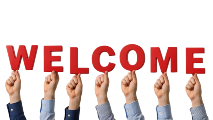 Hands Holding Welcome Letters Against Black Background