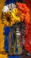 Colorful daisies in a glass jar, vivid painted backdrop