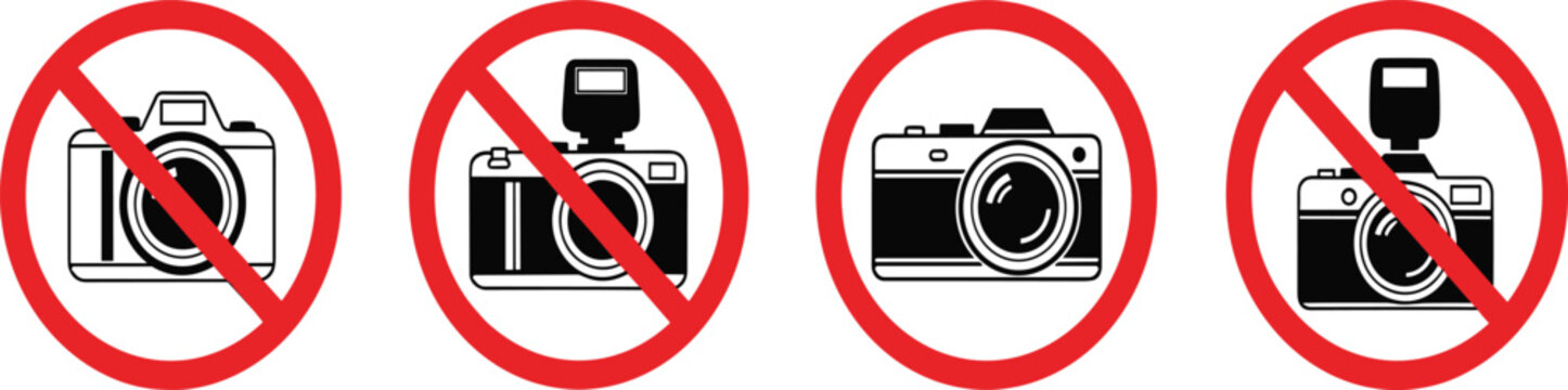 Prohibition sign set featuring red strike through circles over camera icons for no photography and no flash areas