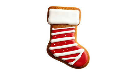 Gingerbread cookie shaped as a festive stocking with red, white icing, and dark backdrop