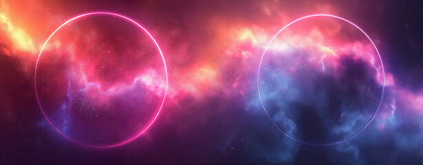 Neon Energy Rings in Cosmic Space with Vibrant Light Clouds