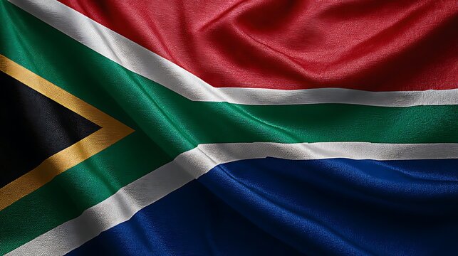 A vibrant detailed close up of the south african national flag waving gently