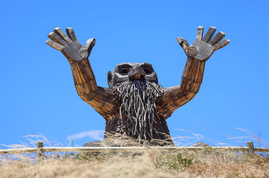 Mandurah, Western Australia, Australia - December 31 2025: Thomas Dambo's Giants of Mandurah. Outdoor art exhibition. Free of charge, not cost, to promote tourism. Dog-friendly family adventure