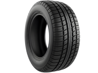 Close up of a high performance car tire with detailed tread pattern on a plain background