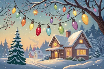 Cozy snow covered house with colorful Christmas lights on a winter night