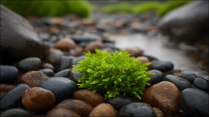 A vibrant clump of green moss thrives on wet pebbles beside a shallow stream