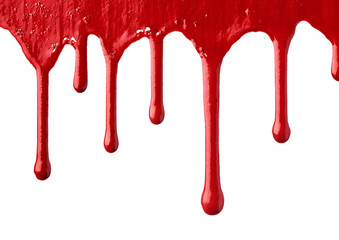 Red paint drips down against a white background, creating a striking contrast.