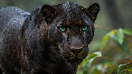 Powerful Black Panther with Green Eyes in Rainy Tropical Forest Close Up
